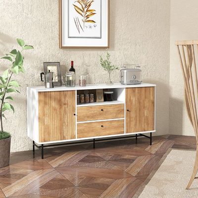 Modernes Buffet-Sideboard Kaffeebar im Mid-Century-Stil mit Schiebetüren 150 x 45 x 74 cm Weiss + Eiche
