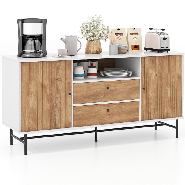 Modernes Buffet-Sideboard Kaffeebar im Mid-Century-Stil mit Schiebetüren 150 x 45 x 74 cm Weiss + Eiche