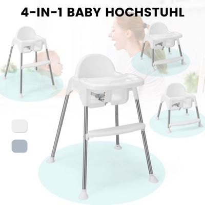 4 in 1 Babyhochstuhl aus PP &amp; Edelstahl Hochstuhl Umwandelbar mit Abnehmbarem Doppeltablett weiss
