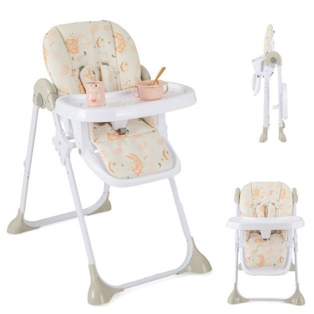 6 in 1 Umwandelbarer Babyhochstuhl mit Liegefunktionen &amp; Doppeltablett Klappbarer Hochstuhl beige