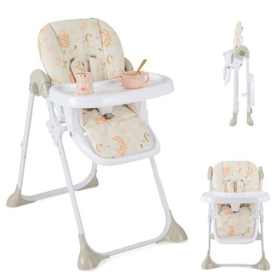 6 in 1 Umwandelbarer Babyhochstuhl mit Liegefunktionen &amp; Doppeltablett Klappbarer Hochstuhl beige