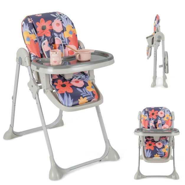 6 in 1 Umwandelbarer Babyhochstuhl mit Liegefunktionen &amp; Doppeltablett Klappbarer Hochstuhl Blumen