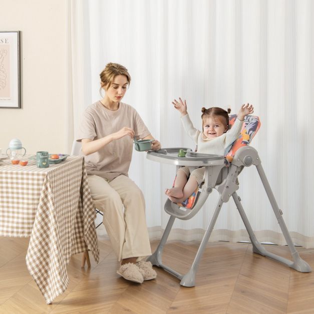 6 in 1 Umwandelbarer Babyhochstuhl mit Liegefunktionen &amp; Doppeltablett Klappbarer Hochstuhl Blumen