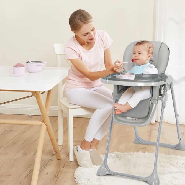 6 in 1 Umwandelbarer Babyhochstuhl mit Liegefunktionen &amp; Doppeltablett Klappbarer Hochstuhl grau