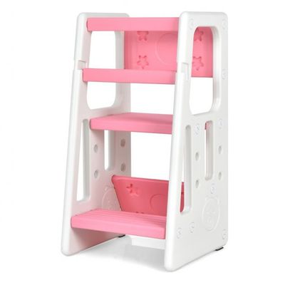 Kinder-Küchenhocker, Lernturm mit doppelten Sicherheitshandläufen &amp; 3 verstellbaren Höhen Rosa