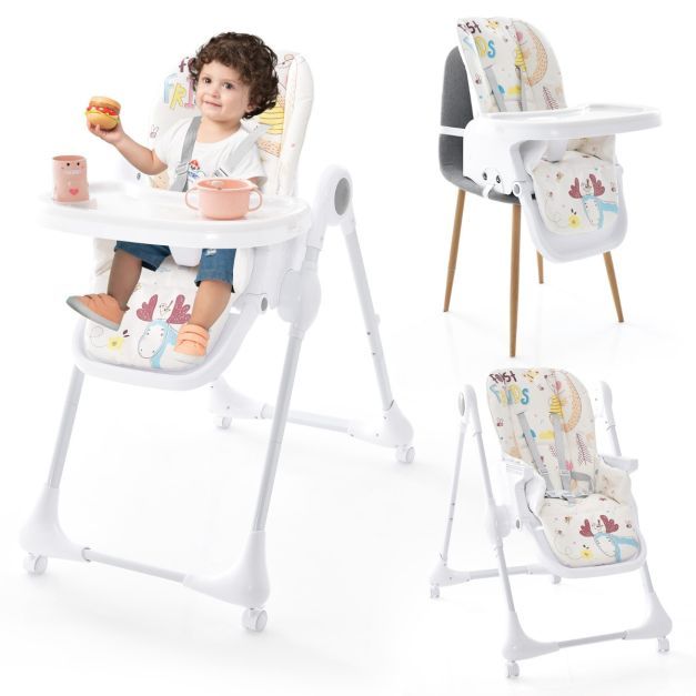 3-in-1-Babyhochstuhl mit 5-fach verstellbarer Fussstütze 3-fach verstellbarer Rückenlehne &amp; 4 Universalrädern Beige