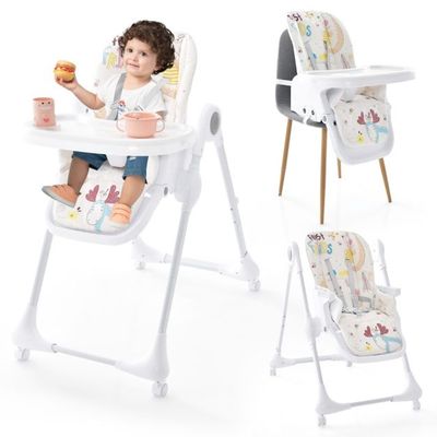 3-in-1-Babyhochstuhl mit 5-fach verstellbarer Fussstütze 3-fach verstellbarer Rückenlehne &amp; 4 Universalrädern Beige