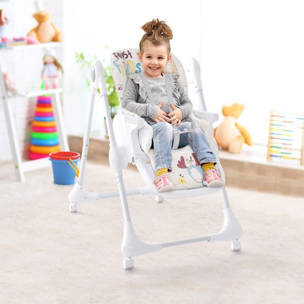 3-in-1-Babyhochstuhl mit 5-fach verstellbarer Fussstütze 3-fach verstellbarer Rückenlehne &amp; 4 Universalrädern Beige