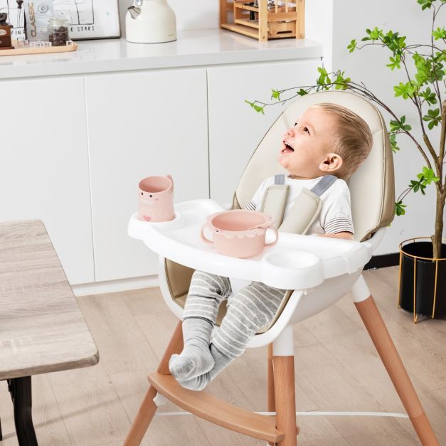 2 in 1 Babyhochstuhl aus Buchenholz mit 5-Punkt-Sicherheitsgurt &amp; Doppeltablett Beige