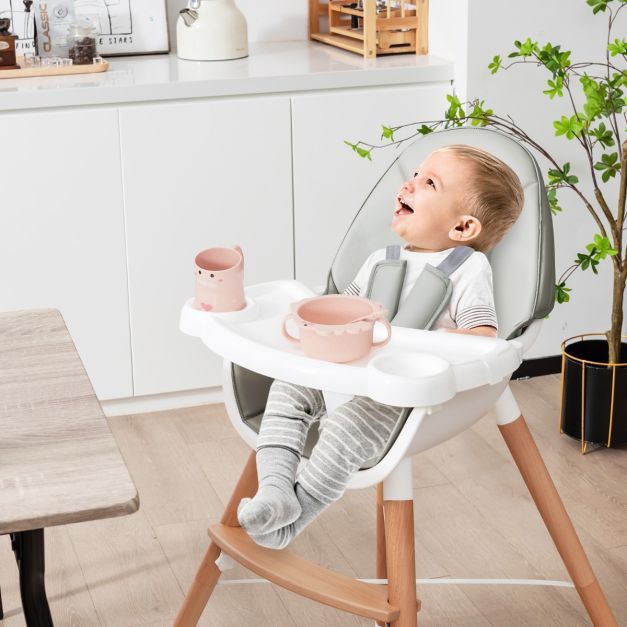 2 in 1 Babyhochstuhl aus Buchenholz mit 5-Punkt-Sicherheitsgurt &amp; Doppeltablett Grau