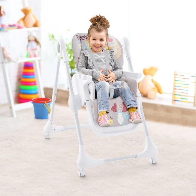 3-in-1-Babyhochstuhl mit 5-fach verstellbarer Fussstütze 3-fach verstellbarer Rückenlehne &amp; 4 Universalrädern Grau