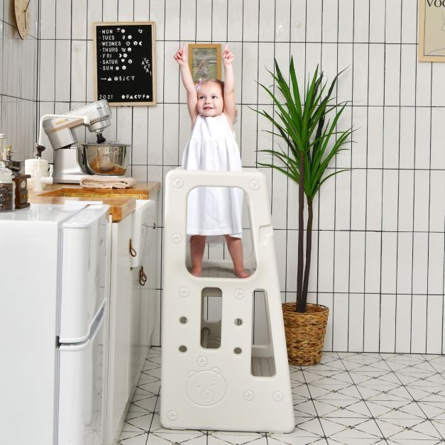 Kinder-Küchenhocker , Lernturm mit doppelten Sicherheitshandläufen &amp; 3 Verstellbaren Höhen &amp; Rutschfesten Füssen Grau