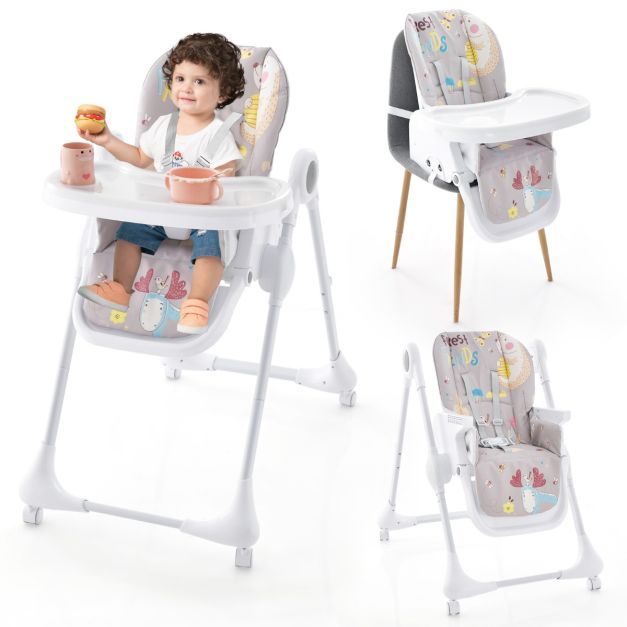 3-in-1-Babyhochstuhl mit 5-fach verstellbarer Fussstütze 3-fach verstellbarer Rückenlehne &amp; 4 Universalrädern Grau