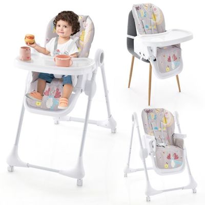 3-in-1-Babyhochstuhl mit 5-fach verstellbarer Fussstütze 3-fach verstellbarer Rückenlehne &amp; 4 Universalrädern Grau