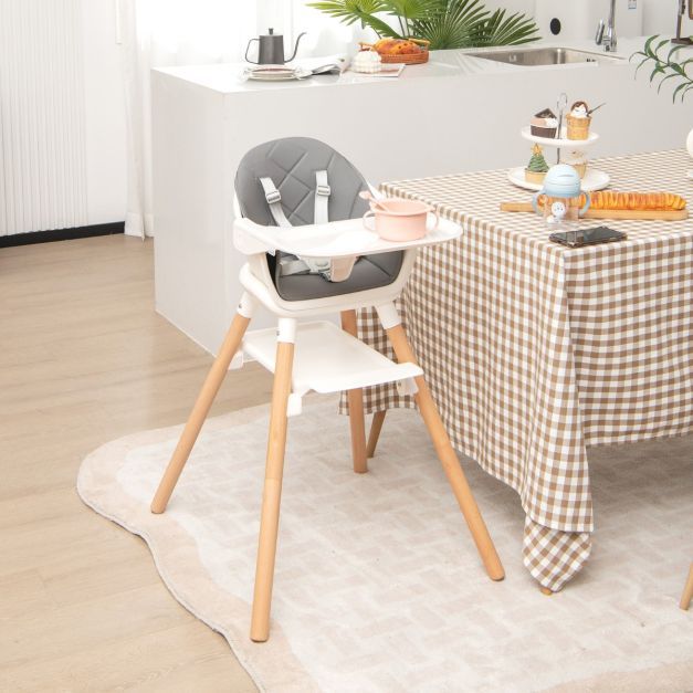 6 in 1 Babyhochstuhl aus PP &amp; Buchenholz 62 x 59 x 90 cm Weiss