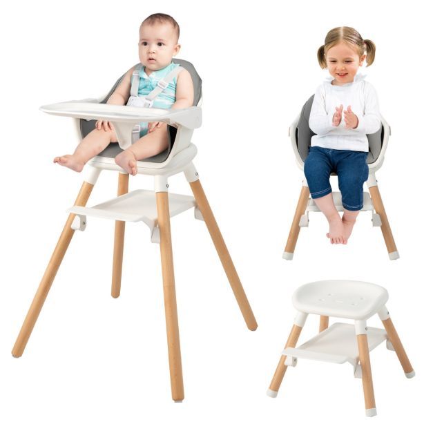 6 in 1 Babyhochstuhl aus PP &amp; Buchenholz 62 x 59 x 90 cm Weiss