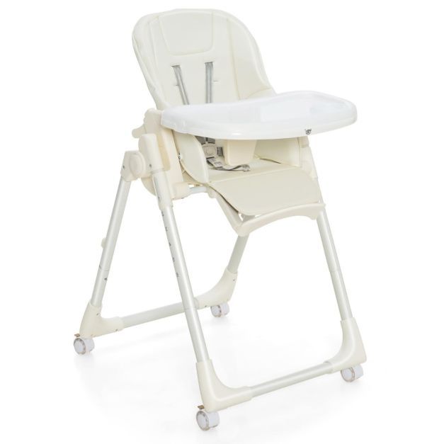 Klappbarer Babyhochstuhl mit 6 Höhen &amp; Abnehmbarem Tablett &amp; PU-Kissen Beige