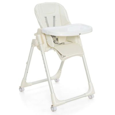 Klappbarer Babyhochstuhl mit 6 Höhen &amp; Abnehmbarem Tablett &amp; PU-Kissen Beige