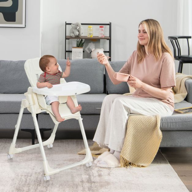 Klappbarer Babyhochstuhl mit 6 Höhen &amp; Abnehmbarem Tablett &amp; PU-Kissen Beige