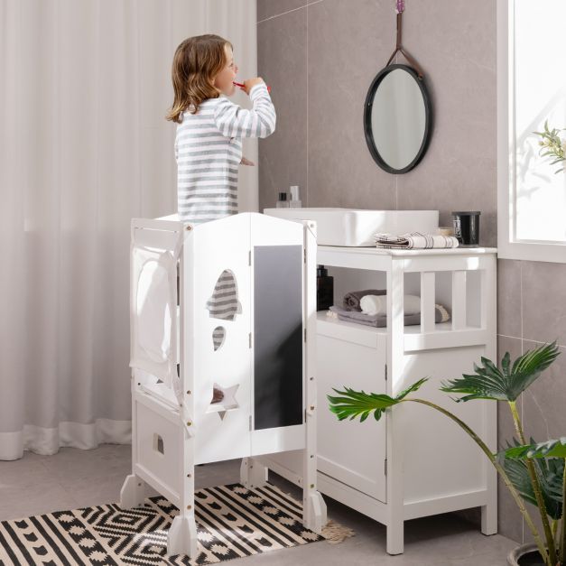 Kinder Tritthocker, Lernturm mit 2-stufig verstellbarer Höhe &amp; Sicherheitsnetz Weiss