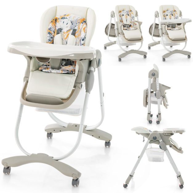 Klappbarer Hochstuhl mit Rädern &amp; Verstellbarer Höhe Babysitz Weiss