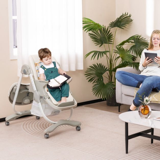 Klappbarer Hochstuhl mit Rädern &amp; Verstellbarer Höhe Babysitz Weiss