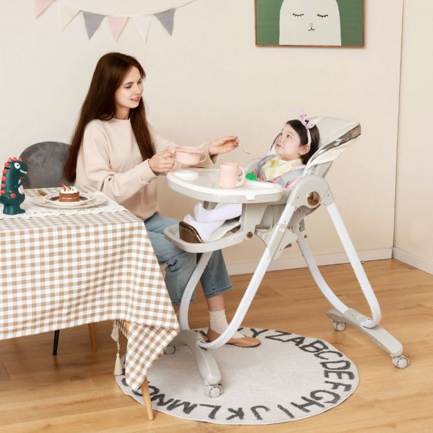 Baby Hochstuhl klappbar Babystuhl mit Liegefunktion Rädern &amp; Doppeltablett 96,5 x 55 x 99–109 cm Grau