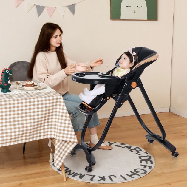 Baby Hochstuhl klappbar Babystuhl mit Liegefunktion Rädern &amp; Doppeltablett 96,5 x 55 x 99–109 cm schwarz