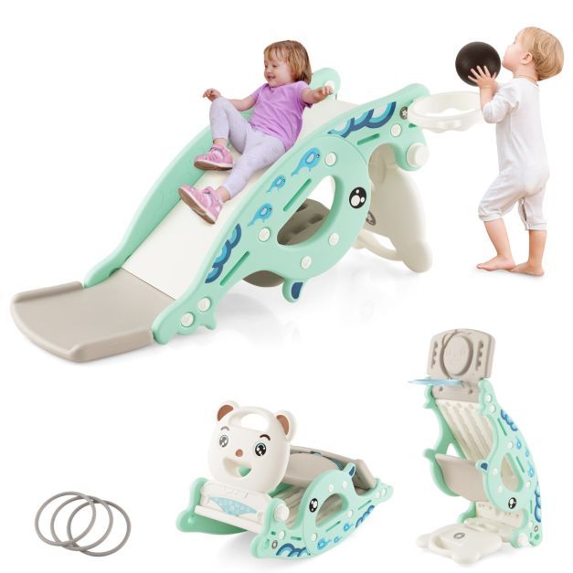 4-in-1-Rutsche Basketballkorb, Schaukelpferd, Ringspiel für Kinder Grün