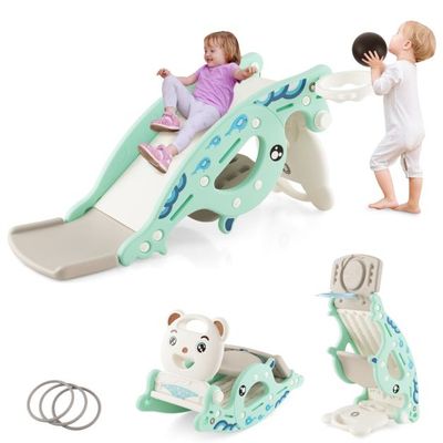 4-in-1-Rutsche Basketballkorb, Schaukelpferd, Ringspiel für Kinder Grün