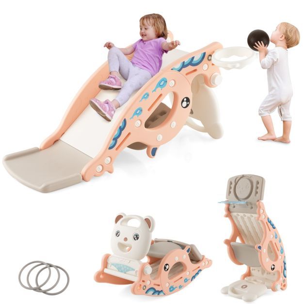 4-in-1-Rutsche, Basketballkorb, Schaukelpferd, Ringspiel für Kinder Rosa