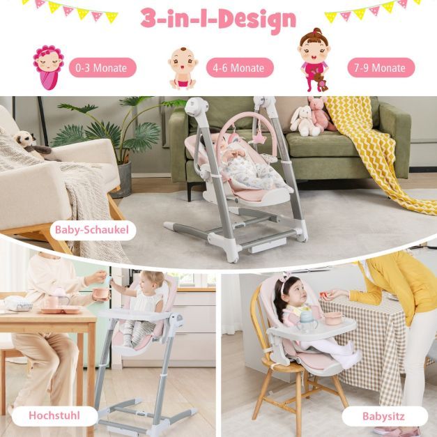 3 in 1 Elektrische Babyschaukel mit 8 Schaukelposition &amp; Timing &amp; Auto Schaltfunktion Rosa