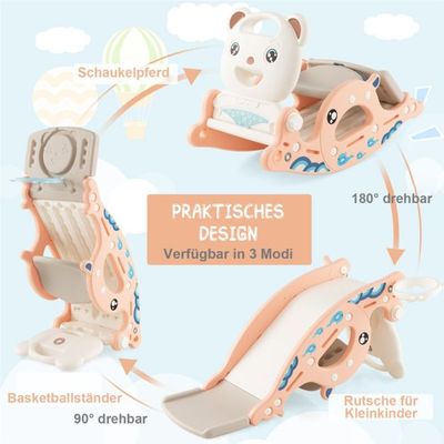 4-in-1-Rutsche, Basketballkorb, Schaukelpferd, Ringspiel für Kinder Rosa