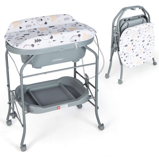 Baby Wickeltisch mit Badewanne Tragbare Wickelkommode mit PVC-Auflage 86 x 50 x 100 cm Grau