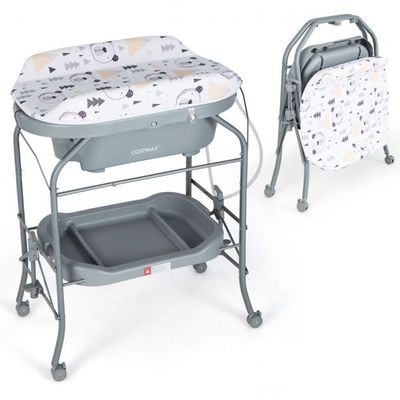 Baby Wickeltisch mit Badewanne Tragbare Wickelkommode mit PVC-Auflage 86 x 50 x 100 cm Grau
