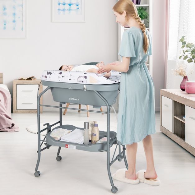Baby Wickeltisch mit Badewanne Tragbare Wickelkommode mit PVC-Auflage 86 x 50 x 100 cm Grau