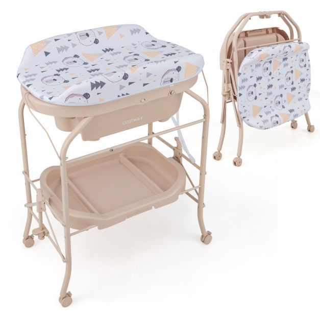 Baby Wickeltisch mit Badewanne Tragbare Wickelkommode mit PVC-Auflage 86 x 50 x 100 cm Beige