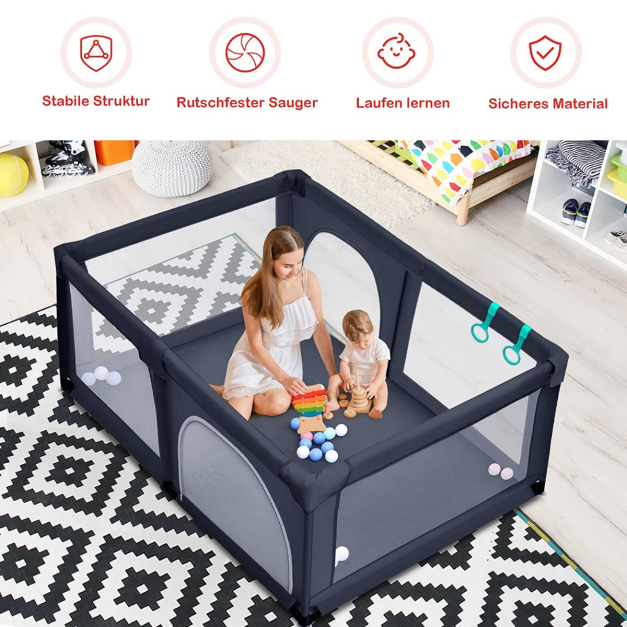 Baby Laufstall mit 50 Spielbällen Laufgitter mit Netz und Reissverschluss 120 x 190 cm Dunkelgrau