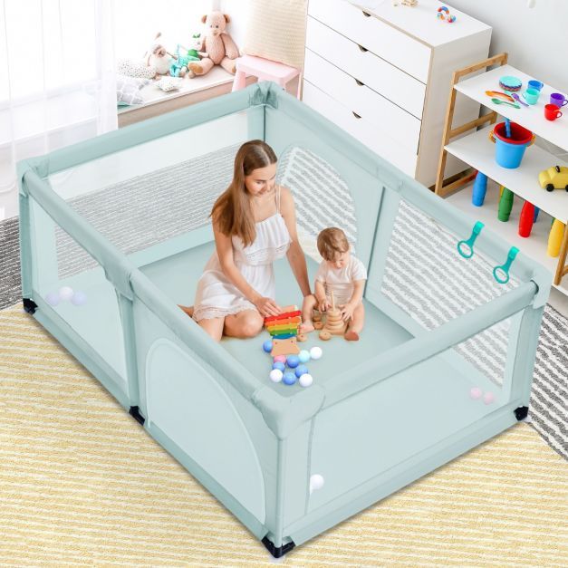 Baby Laufstall mit 50 Spielbällen Laufgitter mit Netz und Reissverschluss 120 x 190 cm Blau