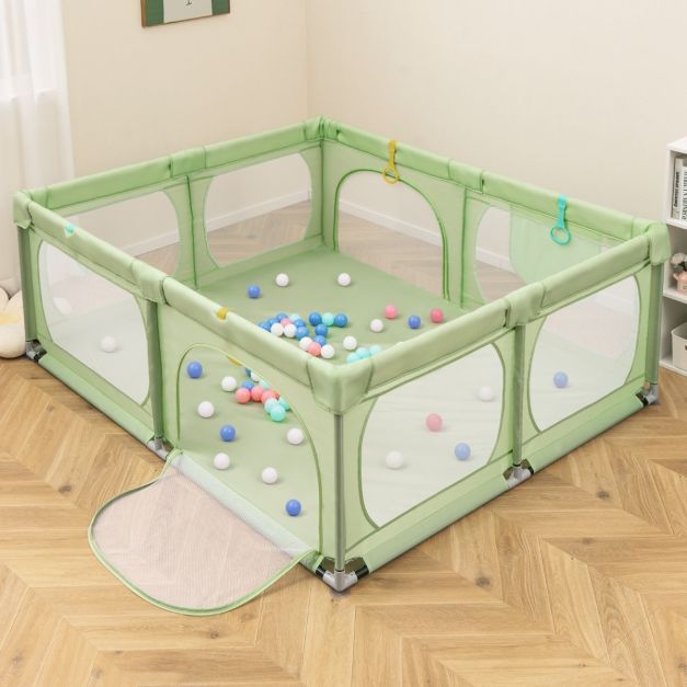 Baby-Laufgitter mit 4 Zugringen &amp; 50 Spielbällen &amp; Atmungsaktives Mesh &amp; Tragetasche Grün
