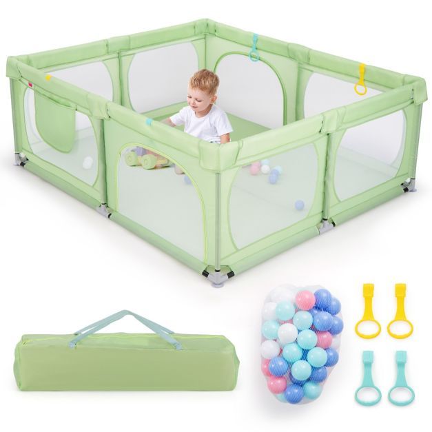 Baby-Laufgitter mit 4 Zugringen &amp; 50 Spielbällen &amp; Atmungsaktives Mesh &amp; Tragetasche Grün