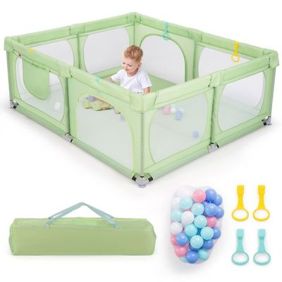 Baby-Laufgitter mit 4 Zugringen &amp; 50 Spielbällen &amp; Atmungsaktives Mesh &amp; Tragetasche Grün