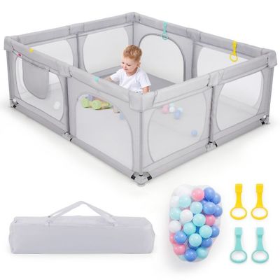 Baby-Laufgitter mit 4 Zugringen &amp; 50 Ozeanbällen &amp; Atmungsaktives Mesh &amp; Tragetasche Hellgrau