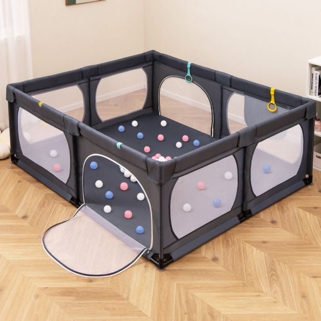 Baby-Laufgitter mit 4 Zugringen &amp; 50 Ozeanbällen &amp; Atmungsaktives Mesh &amp; Tragetasche Dunkelgrau