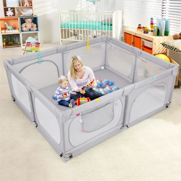 Baby-Laufgitter mit 4 Zugringen &amp; 50 Ozeanbällen &amp; Atmungsaktives Mesh &amp; Tragetasche Hellgrau
