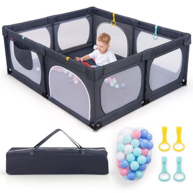 Baby-Laufgitter mit 4 Zugringen &amp; 50 Ozeanbällen &amp; Atmungsaktives Mesh &amp; Tragetasche Dunkelgrau