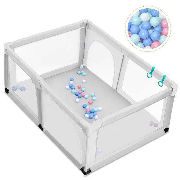 Baby Laufstall mit 50 Spielbällen Laufgitter mit Netz und Reissverschluss 120 x 190 cm Grau