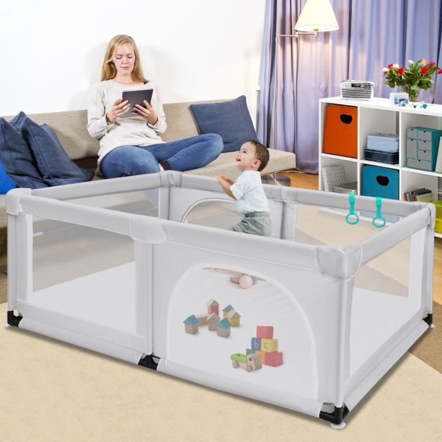 Baby Laufstall mit 50 Spielbällen Laufgitter mit Netz und Reissverschluss 120 x 190 cm Grau