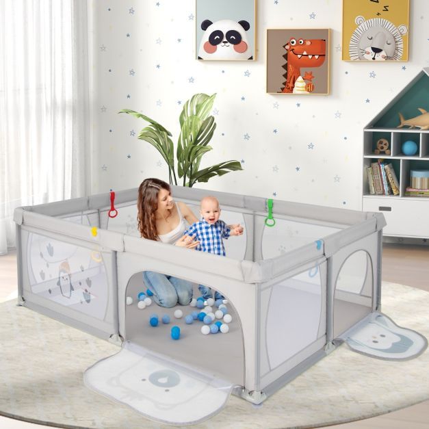Baby Laufstall mit  Pinguin-Motiv &amp; 50 Bällen &amp; 2 Türen &amp; Atmungsaktivem Netz &amp; Reissverschluss