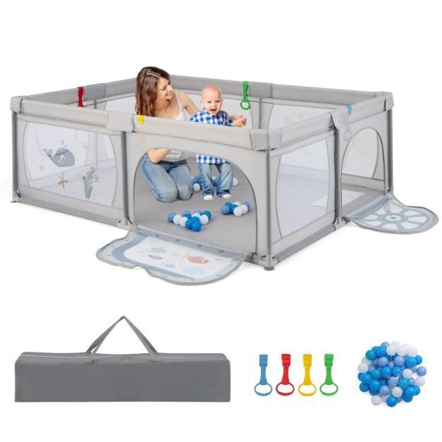 Baby Laufstall mit Fisch-Motiv &amp; 50 Bällen &amp; 2 Türen &amp; Atmungsaktivem Netz &amp; Reissverschluss